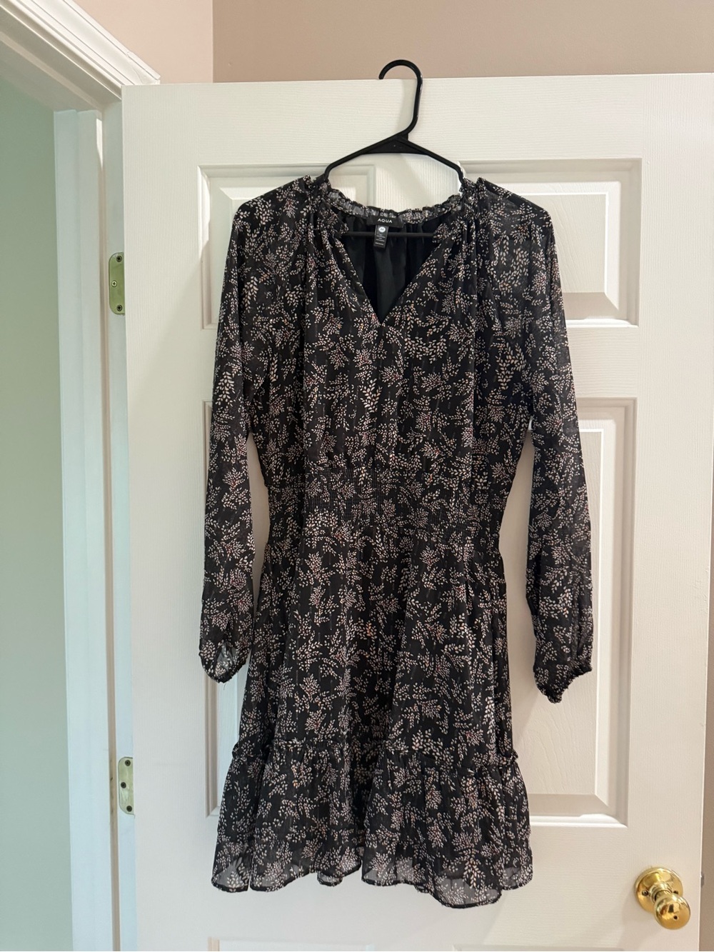 Aqua Black Long-Sleeve Floral V-Neck Dress with Pink Print